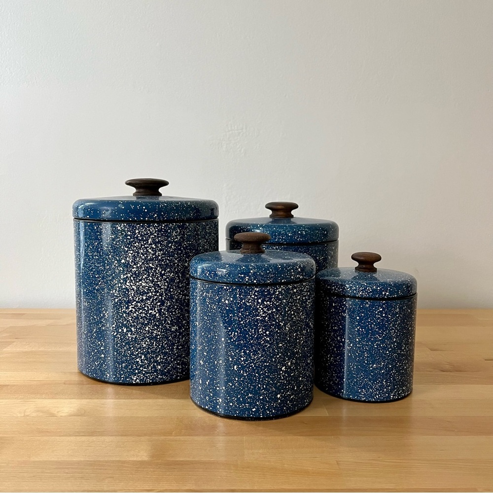 Vintage Ransburg Four-Piece Blue and White Speckled Metal Canister Set